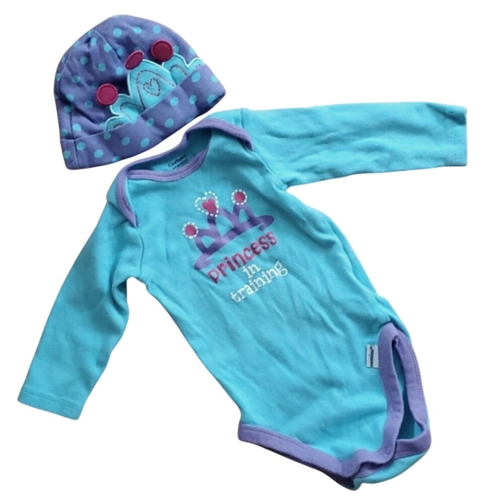 Gerber Girls Princess in Training Turquoise Onesie and Purple Crown Hat 3-6M